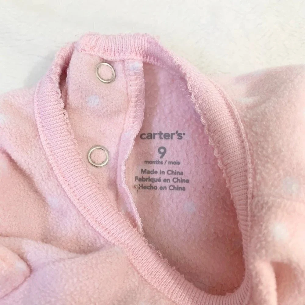 5/$25 Carter's Baby Girl Pink Polka Dot‎ Cat Fleece Sleeper Romper 9 Months